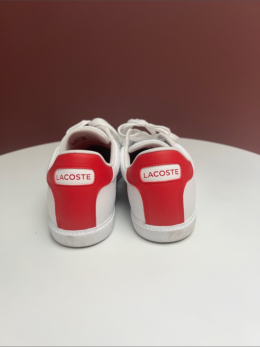 Lacoste White Sneakers with Navy Stripes and Red Heel Tab - Picture 4 of 5